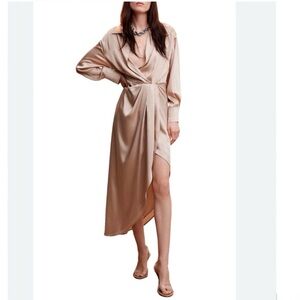 Mango Satin Wrap Long Sleeve Dress in Champagne Beige